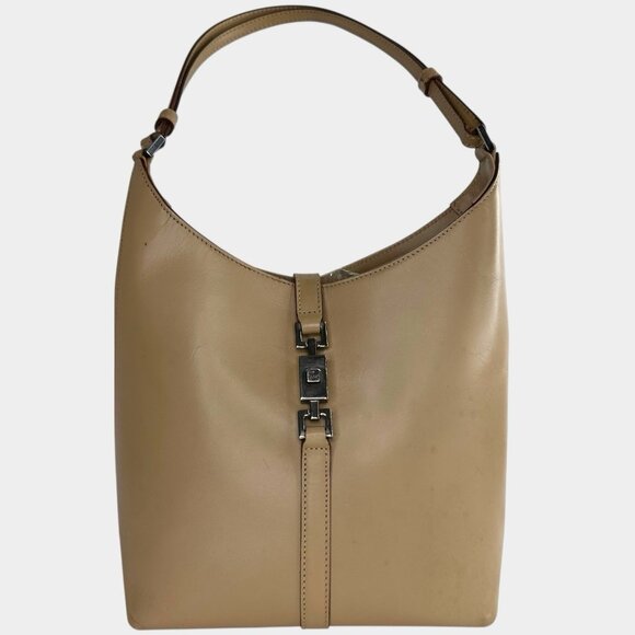 Gucci Vintage Jackie Top Handle Shoulder Bag Beige Leather Piston Clasp Authenti